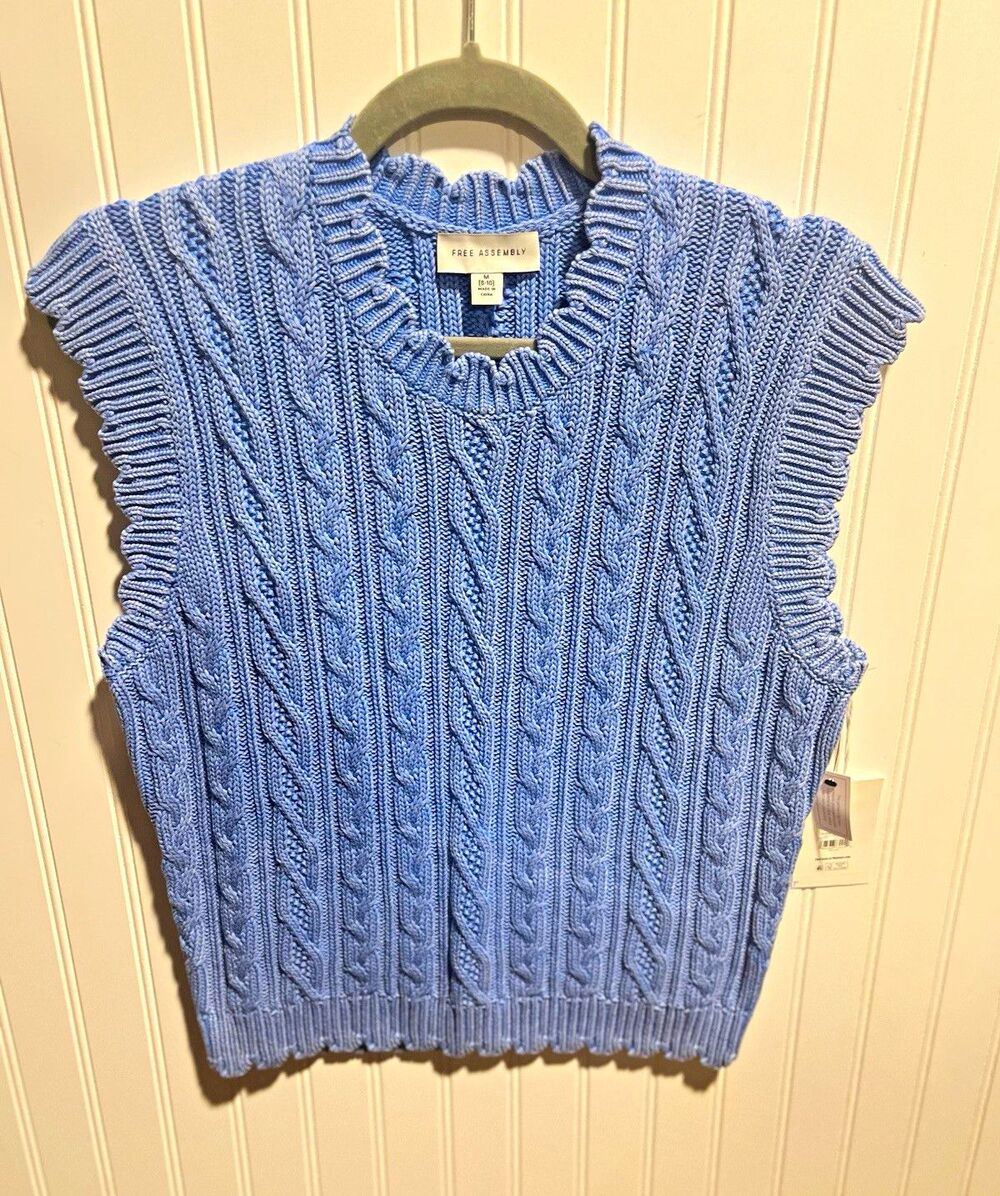 Free Assembly Women’s Blue Wash Cable-Knit Sweater Vest Crew Neck Cotton Medium